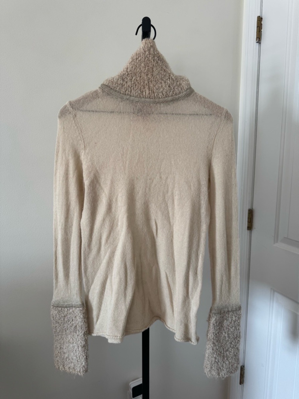 Tory Burch Cream Turtleneck Sweater with Textured Cuffs
